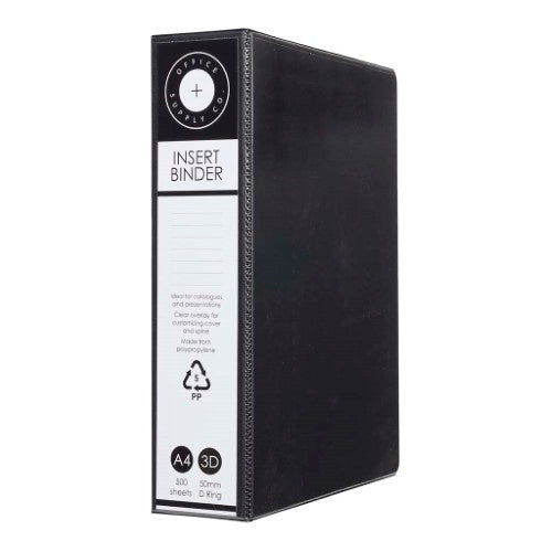 A4 black binder with 50mm 3D D-rings, made from recycled materials, featuring customizable cover inserts and clear inner pockets.