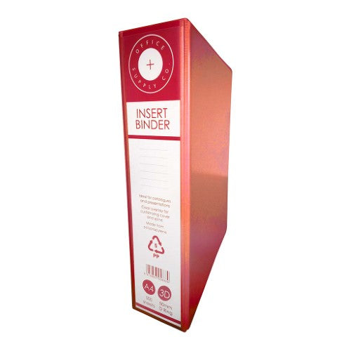 Red A4 insert binder with 3 D-rings, holds 300 sheets, made from recycled materials, features clear overlay for customization.