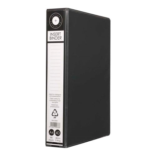 A4 4D insert binder in black, holds 250 sheets, eco-friendly, customizable cover, clear pockets for easy access.