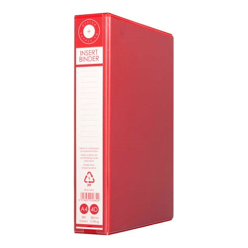 Red A4 OSC Insert Binder with 4 durable D-rings, holds 250 sheets, eco-friendly design, and customizable cover for presentations.
