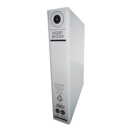 White OSC Insert Binder A4 4D 38mm with durable D-rings, clear covers, and 100% recycled board for eco-friendly document storage.
