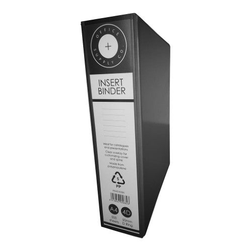 Black A4 Insert Binder with 4 D-rings, holds 300 sheets, eco-friendly, with clear pockets for documents.
