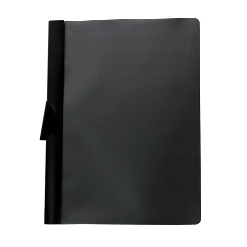A4 black report cover with clear front, spine label, two-prong fasteners, and back vertical pocket for documents.