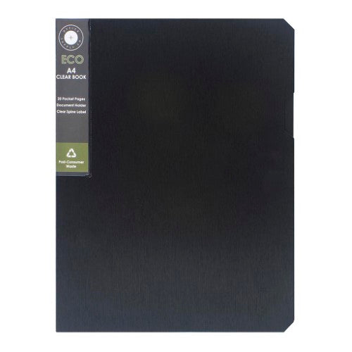 OSC Eco Display Book A4 in black, featuring 20 eco-friendly pockets and a spine insert for easy labeling.