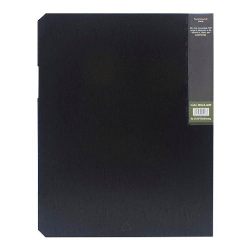 OSC Eco Display Book A4 in black with 20 clear pockets made from recycled materials for stylish document organization.