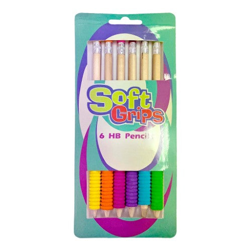 Pack of 6 Groovy Grip HB pencils with colorful foam grips for enhanced comfort and control in writing or sketching.