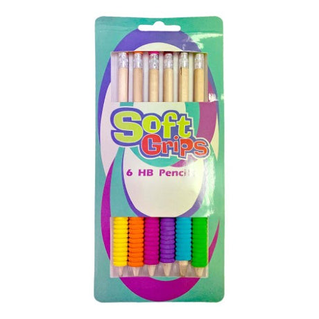 Pack of 6 Groovy Grip HB pencils with colorful foam grips for enhanced comfort and control in writing or sketching.