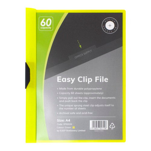Green A4 Clip Easy File holding 60 sheets, made from durable polypropylene, designed for stylish document organization.