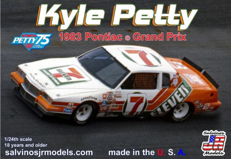 1/24 scale plastic model kit of Kyle Petty's iconic 1983 7-Eleven NASCAR car for collectors and model builders.