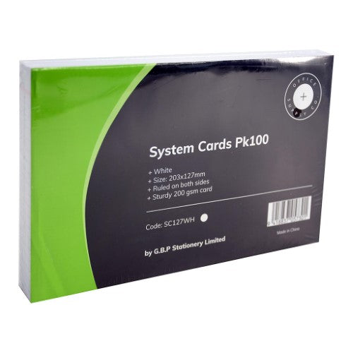 Pack of 100 white OSC System Cards, 203 x 127mm, double-sided with ruled layout and red border. Perfect for notes and organization.