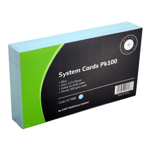 Bright blue OSC System Cards, 76 x 127mm, pack of 100, designed for organizing notes and presentations with a red border.