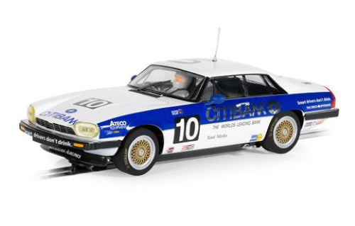 Iconic 1986 Bathurst Jaguar XJS slot car, featuring striking white and blue design, perfect for collectors and racing fans.