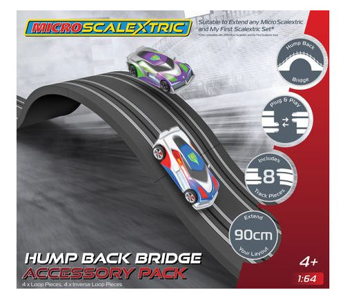 Micro Scalextric Hump Backed Bridge for slot cars, featuring loop and inverse loop track pieces for creative racing layouts.