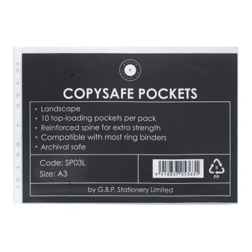 Pack of 10 A3 landscape Copysafe pockets, acid-free and durable for protecting important documents.