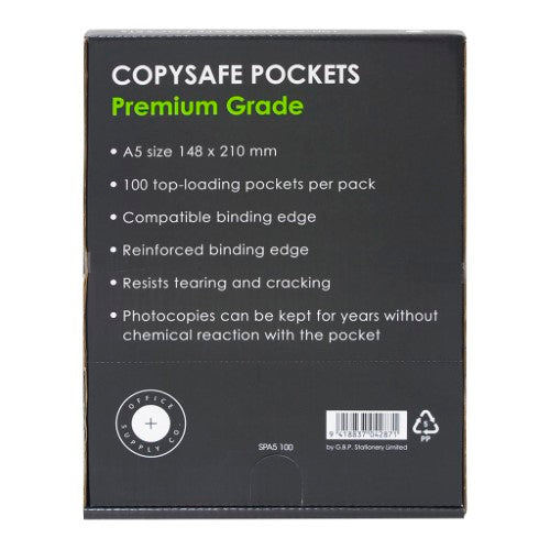 Premium A5 copysafe pockets, 100 pack, acid-free, durable, reinforced edges for document protection and organization.