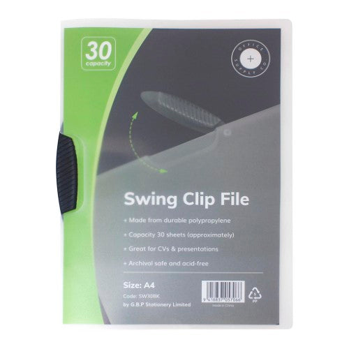 A4 black report cover with a sturdy clip, holds up to 30 sheets, made of durable polypropylene for document protection.