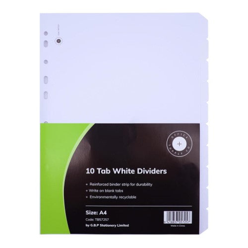 White cardboard dividers with 10 blank tabs, perfect for organizing documents in A4 binders for school and office use.