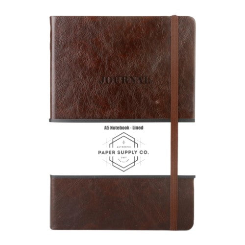 Vintage brown A5 hardcover journal with 192 lined pages and elastic closure for organized writing and creativity.