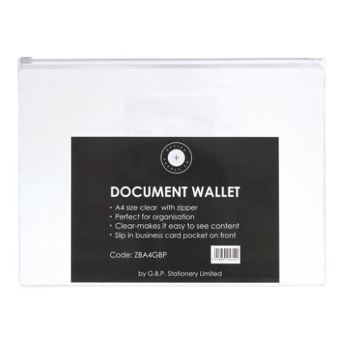 Pack of 5 OSC A4 document wallets with zip closure, clear design, and business card pocket for secure document storage.