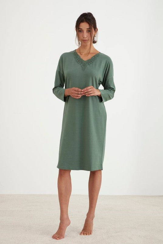 Luxurious knit nightie in small size, featuring long sleeves, knee length, and lace neckline detail by Baksana.
