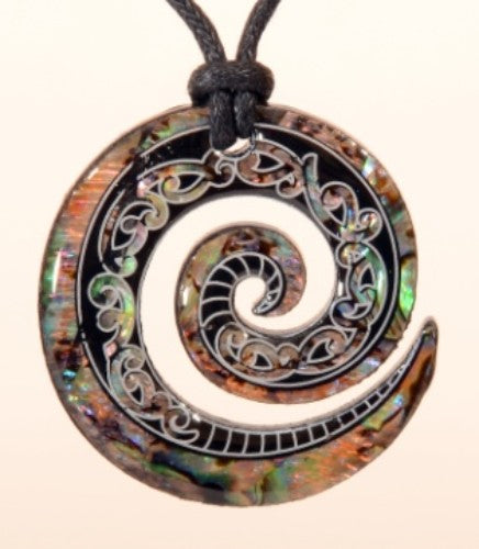Paua Fancy Koru Pendant featuring vibrant paua shell design, symbolizing new beginnings, on an adjustable black cord.