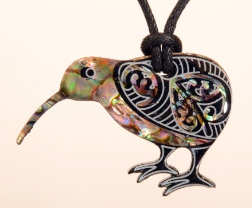 Paua Fancy Kiwi Pendant featuring vibrant iridescent colors, symbolizing New Zealand's national bird, on an adjustable cord.