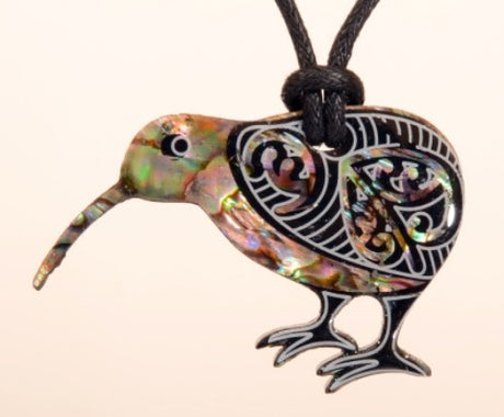 Paua Fancy Kiwi Pendant featuring vibrant iridescent colors, symbolizing New Zealand's national bird, on an adjustable cord.