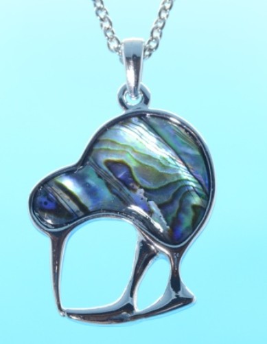 Vibrant Paua Kiwi Pendant showcasing iridescent paua shell on a durable rhodium chain, perfect for nature lovers.