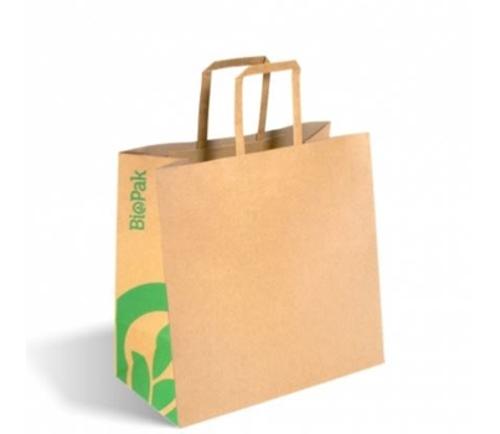 BAGS PAPER FLAT W/HANDLE 280x150x275MM KRAFT 250s - Biopak