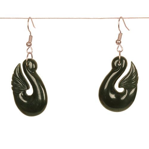 New Zealand Pounamu Greenstone Hei Matau Fish Hook Earrings 31.5mm
