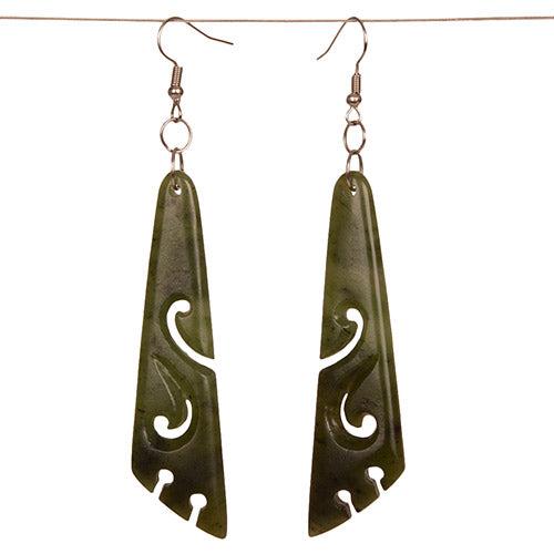 New Zealand Pounamu Greenstone Drop Koru Earrings 69mm