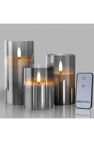 Set of 3 Full Flame LED Candle Vases (remote control) - Metal