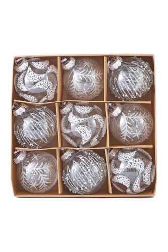 Assorted Glitter Christmas Baubles - Silver Clear (9 pcs)