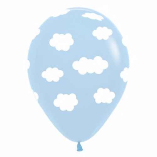 30cm pastel blue latex balloons with white cloud designs, sold in a pack of 12, perfect for festive celebrations.