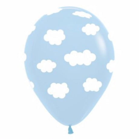 30cm pastel blue latex balloons with white cloud designs, sold in a pack of 12, perfect for festive celebrations.