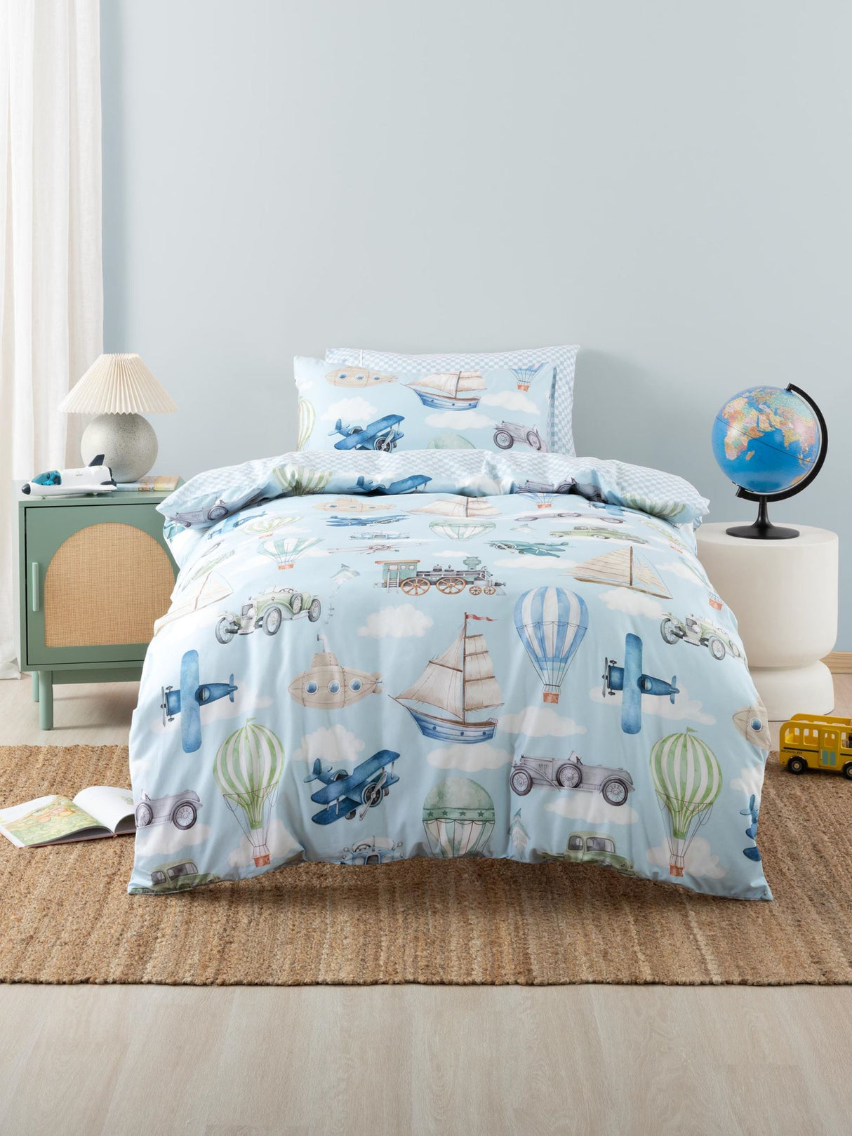 Jetset Journey Duvet Cover Set by Squiggles - Single (Blue)