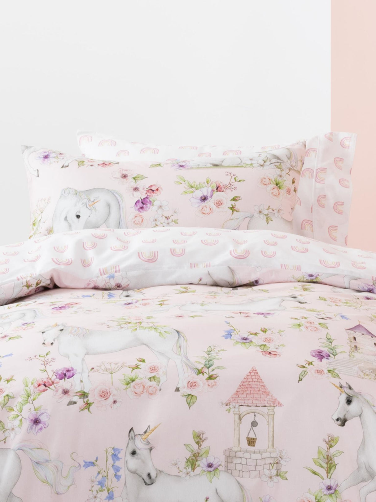 Unicorn Blossom Duvet Cover Set by Squiggles - Single - Blush