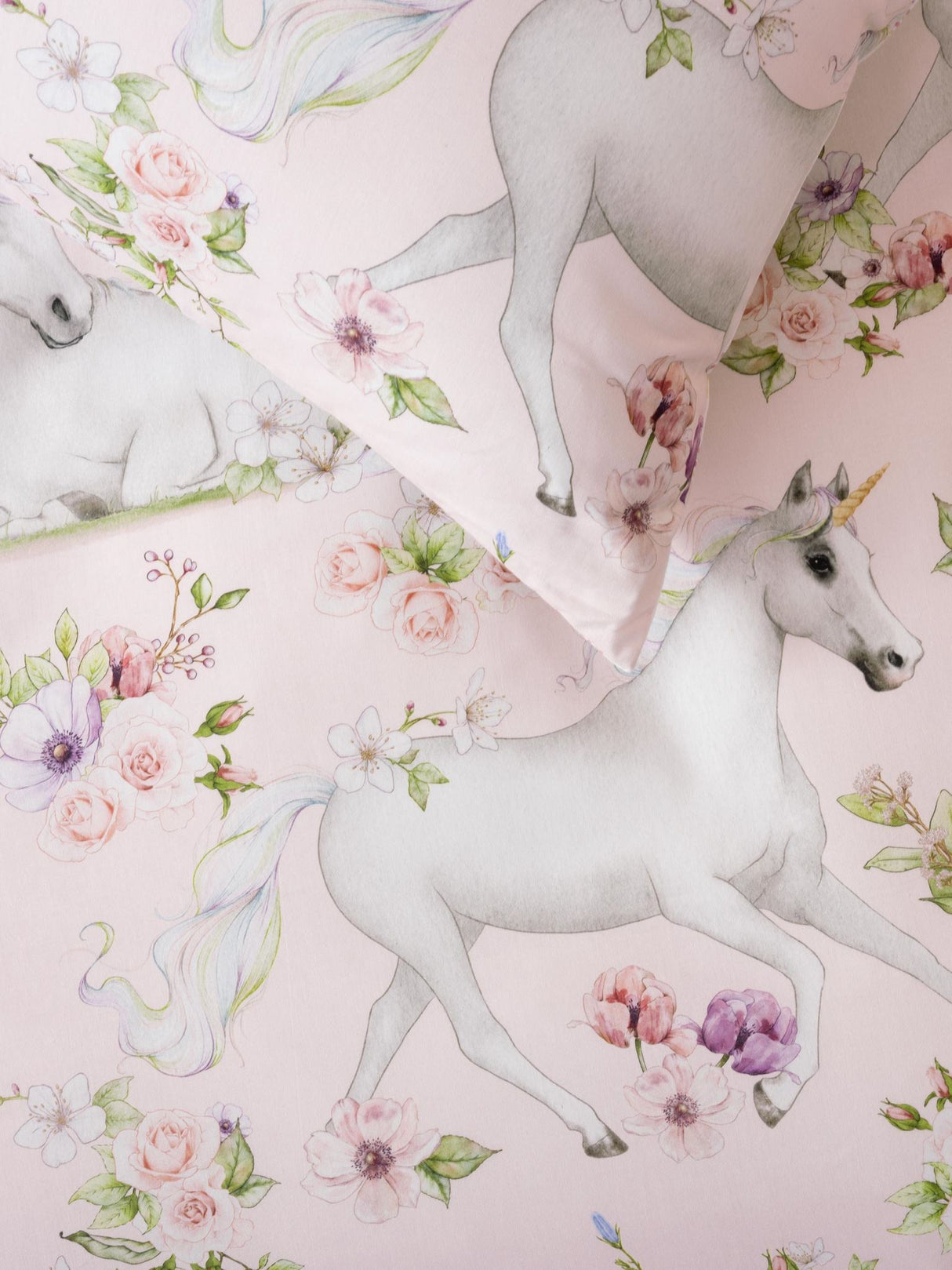 Unicorn Blossom Duvet Cover Set by Squiggles - Single - Blush