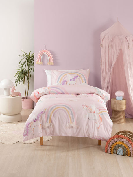 Single duvet cover set featuring whimsical unicorns, rainbows, and clouds on a pink background, crafted from 100% cotton.