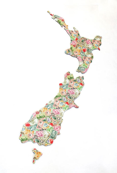 Vintage stamp pattern NZ map wall art in durable ACM, perfect for home, office, or café decor, measures 500mm high.