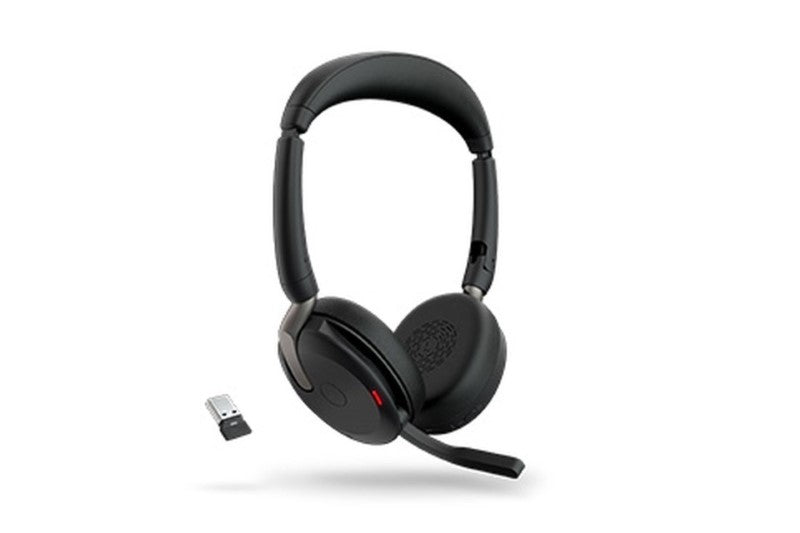 Jabra EVOLVE2 65 FLEX UC headset featuring noise cancellation, Bluetooth, and a portable fold-and-go design for professionals.