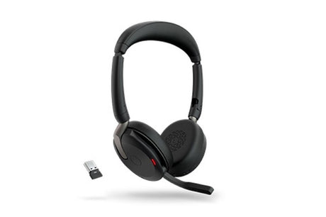 Jabra EVOLVE2 65 FLEX UC headset featuring noise cancellation, Bluetooth, and a portable fold-and-go design for professionals.