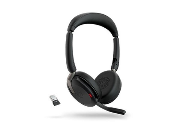 Jabra EVOLVE2 65 FLEX UC headset featuring noise cancellation, Bluetooth, and a portable fold-and-go design for professionals.
