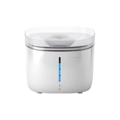 Petoneer Fresco Pro Smart Pet Fountain with 2L capacity, 3-stage filtration, and smartphone app control for pets' hydration.