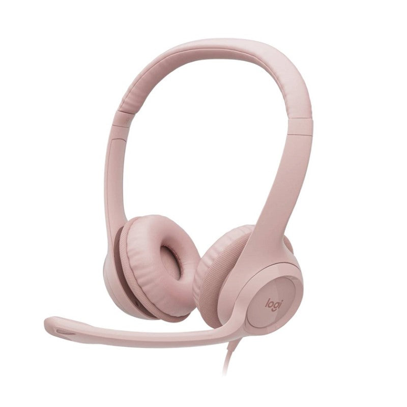 Logitech H390 USB headset in rose color with noise-canceling mic, designed for comfort and superior audio quality.