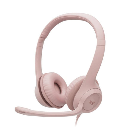 Logitech H390 USB headset in rose color with noise-canceling mic, designed for comfort and superior audio quality.