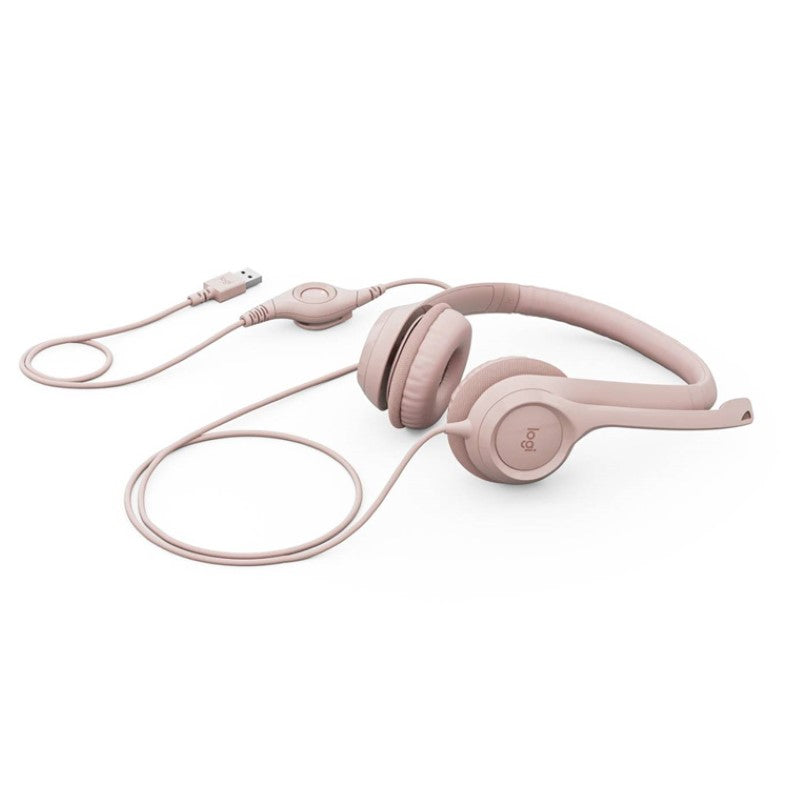 Logitech H390 USB headset in rose, featuring noise-canceling mic and comfortable ear-cup design for optimal audio experience.