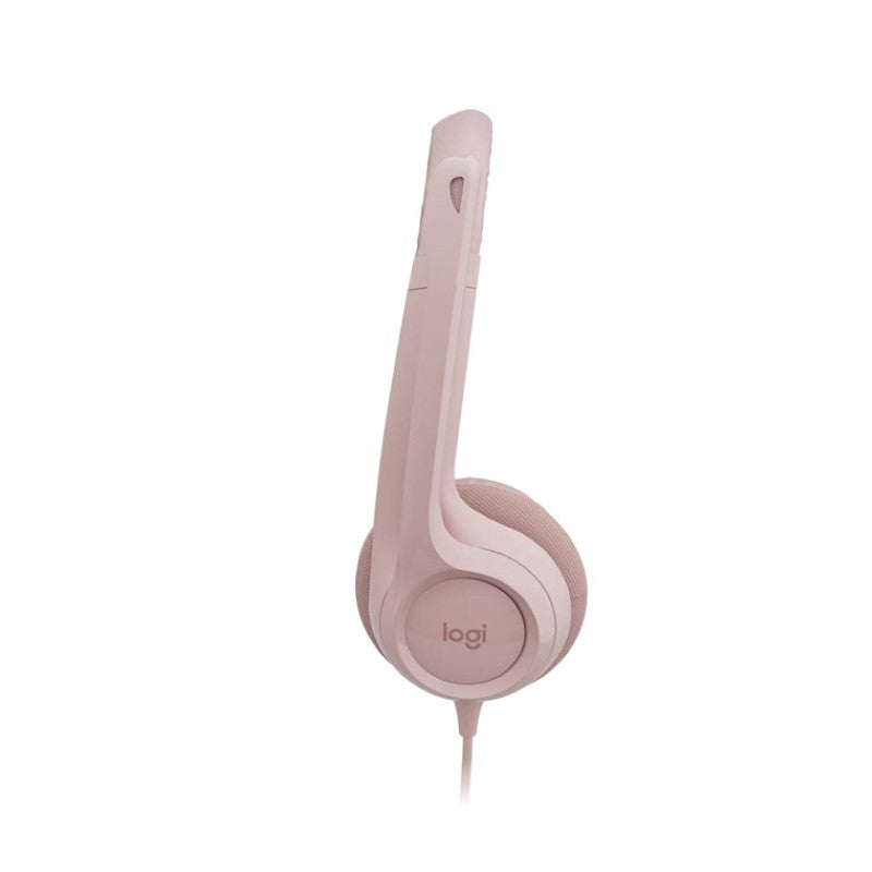 Logitech H390 USB headset in rose color with noise-canceling mic, designed for comfort and superior audio performance.