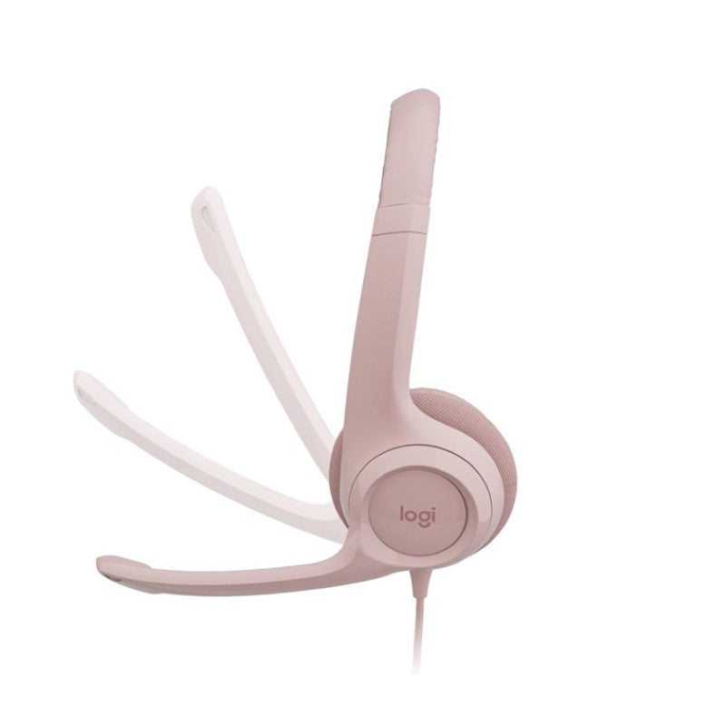 Logitech H390 USB Digital Headset in rose, featuring noise-canceling mic and comfortable design for clear audio.