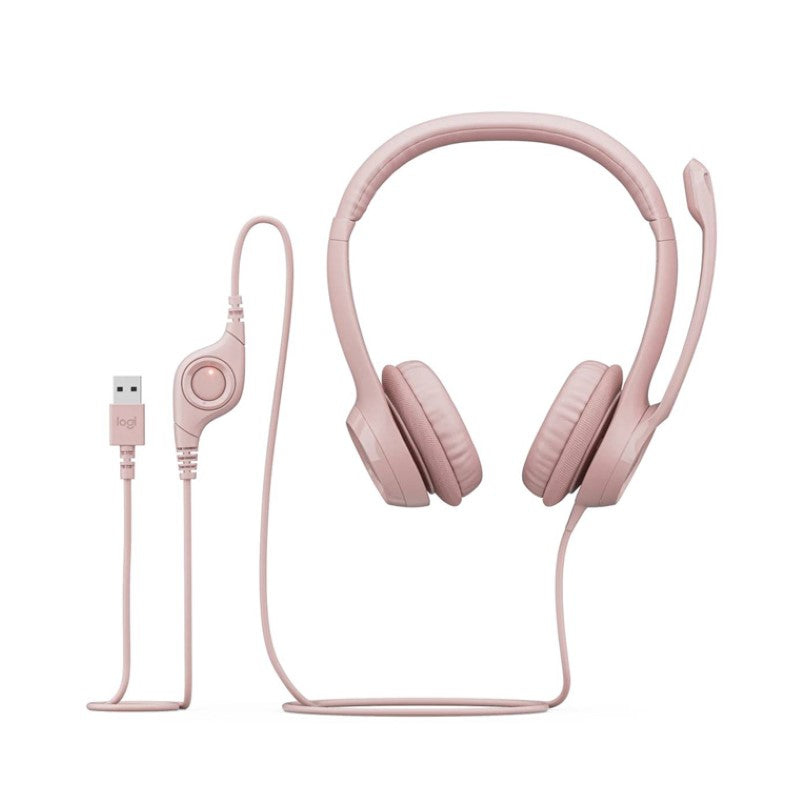 Logitech H390 USB Digital Headset in rose color with noise-canceling mic, ideal for calls and gaming, featuring comfy ear-cups.